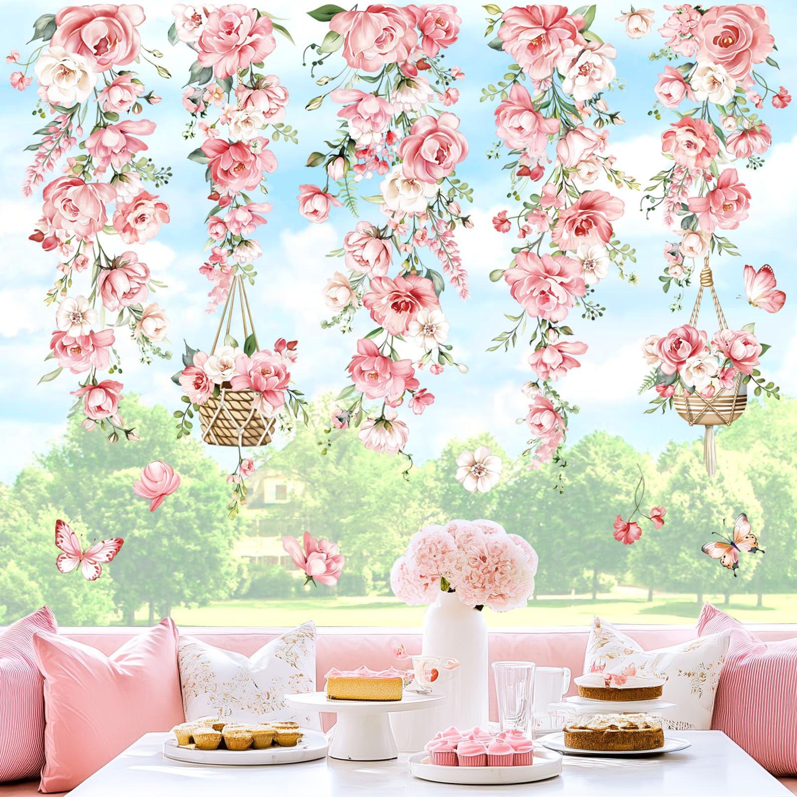 decalmile Spring Summer Hanging Flower Vine Double Sided Window Clings Pink Peony Floral Window Decals Anti-Collision Glass Window Doors Window Stickers