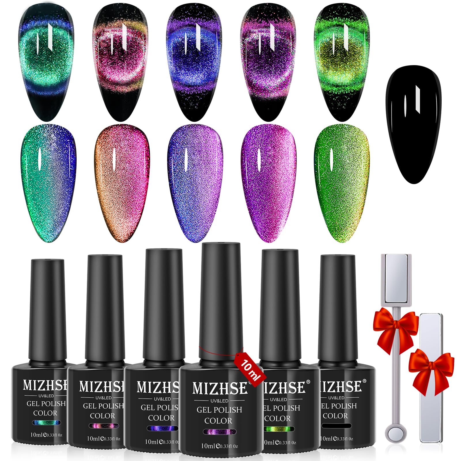 MIZHSE 9D Cat Eye Gel Nail Polish, Magnetic Cat Eye Gel Polish Set, 10ml*6 with 2 Magnets, Classic Colors Chameleon Magic Galaxy Effect Soak off Nail Art, Sparkle Stunning Gel Polish Gift for Women