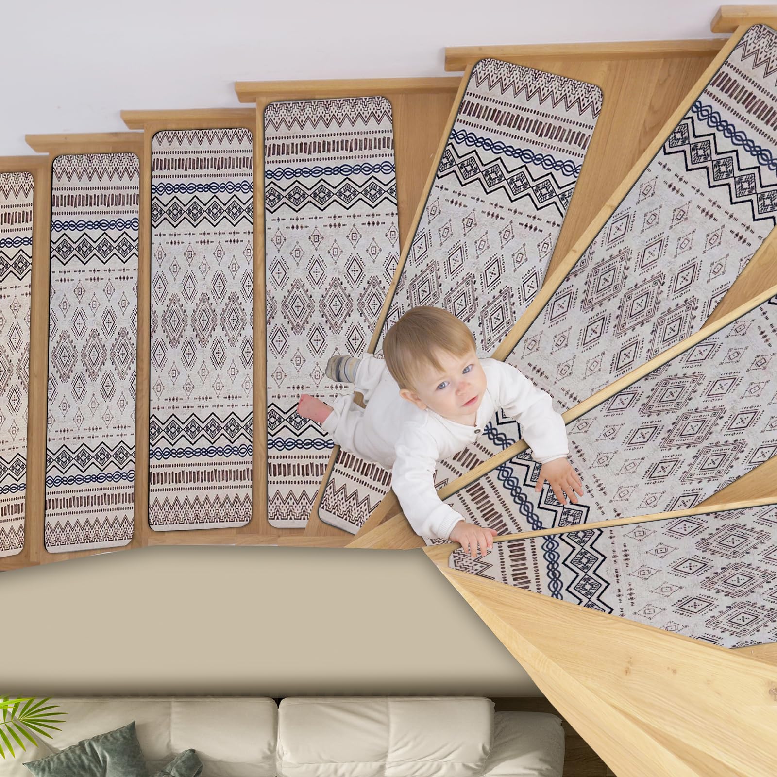 Photo 1 of Stair Treads Non-Slip Stair treads for Wooden Steps Indoor,Stair Runners 8 * 30 inch 15Pcs, Rubber Backing Stair Carpet Treads for Kids Elders Pets,No Glue,Quick-Dry,Machine Washable,Retro Grey