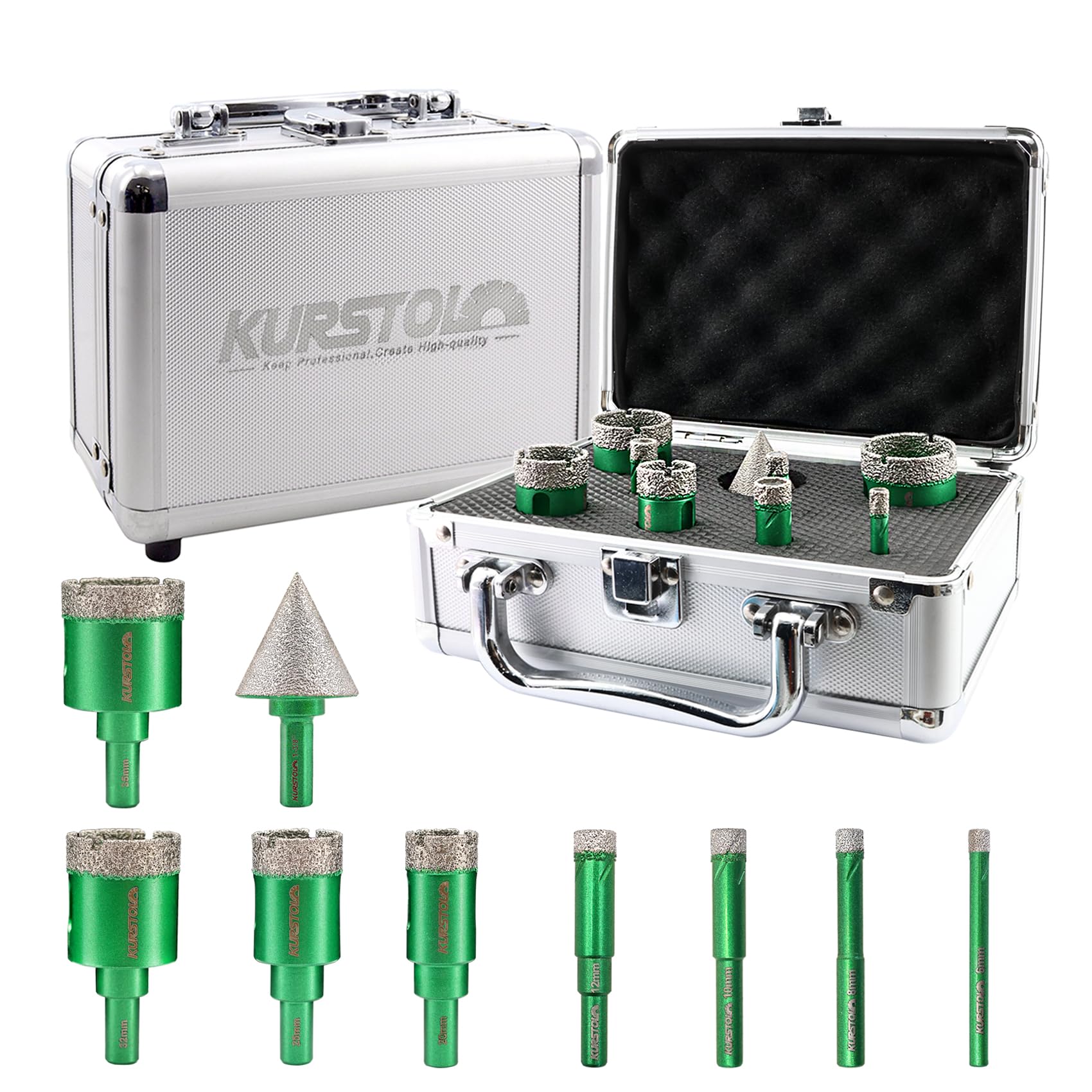 KURSTOL Diamond Core Drill Bit Kit - 6/8/10/12/20/25/32/35mm Round Shank Tile Hole Saws+1-3/8"/35mm Hex Shank Beveling Chamfer Bit for Dry Drilling Porcelain Ceramic Granite Marble Stone