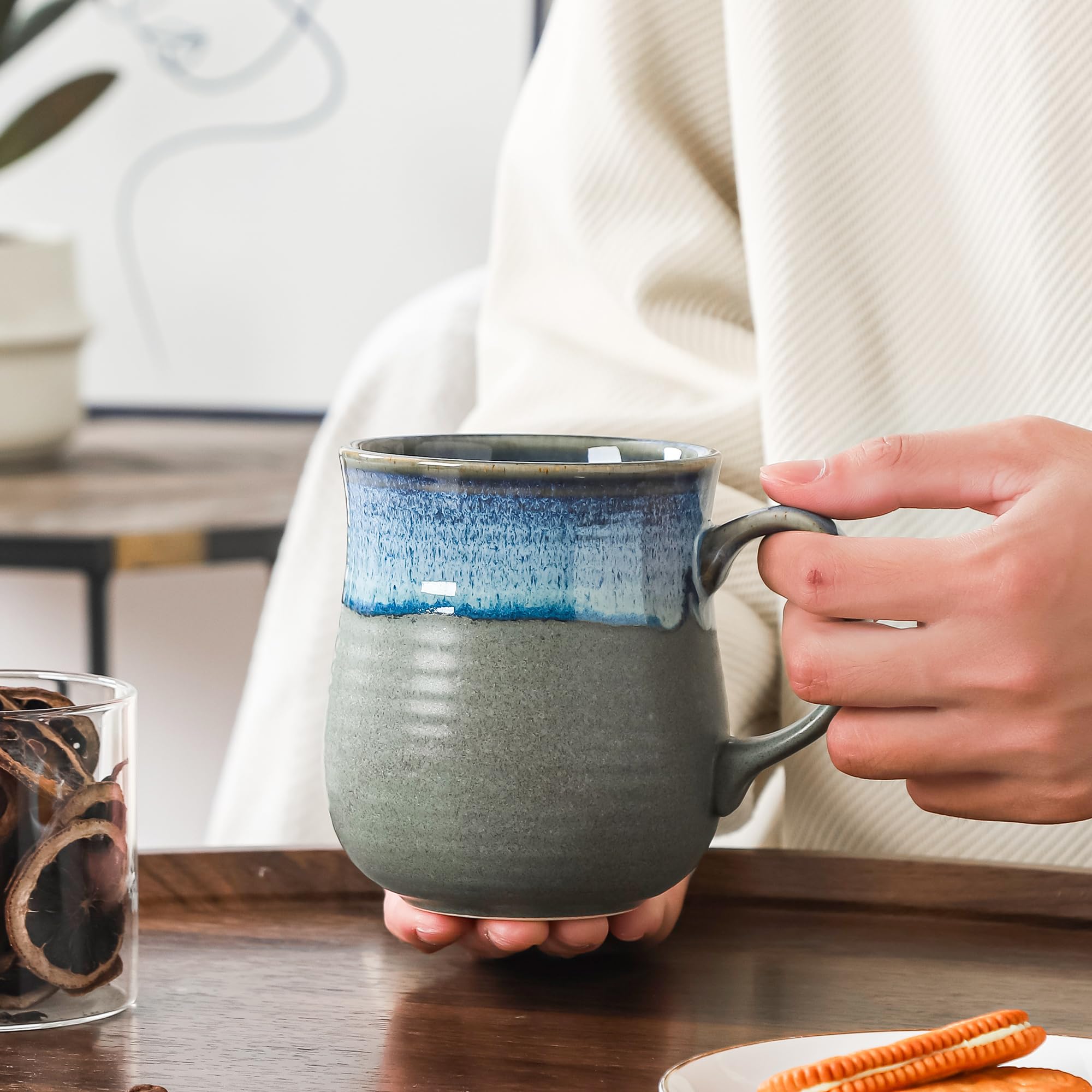 21 oz Large Ceramic Coffee Mugs, Pottery Mug Handmade, Ceramic Tea Cups with Handle for Office and Home, Dishwasher and Microwave Safe (Blue Grey)
