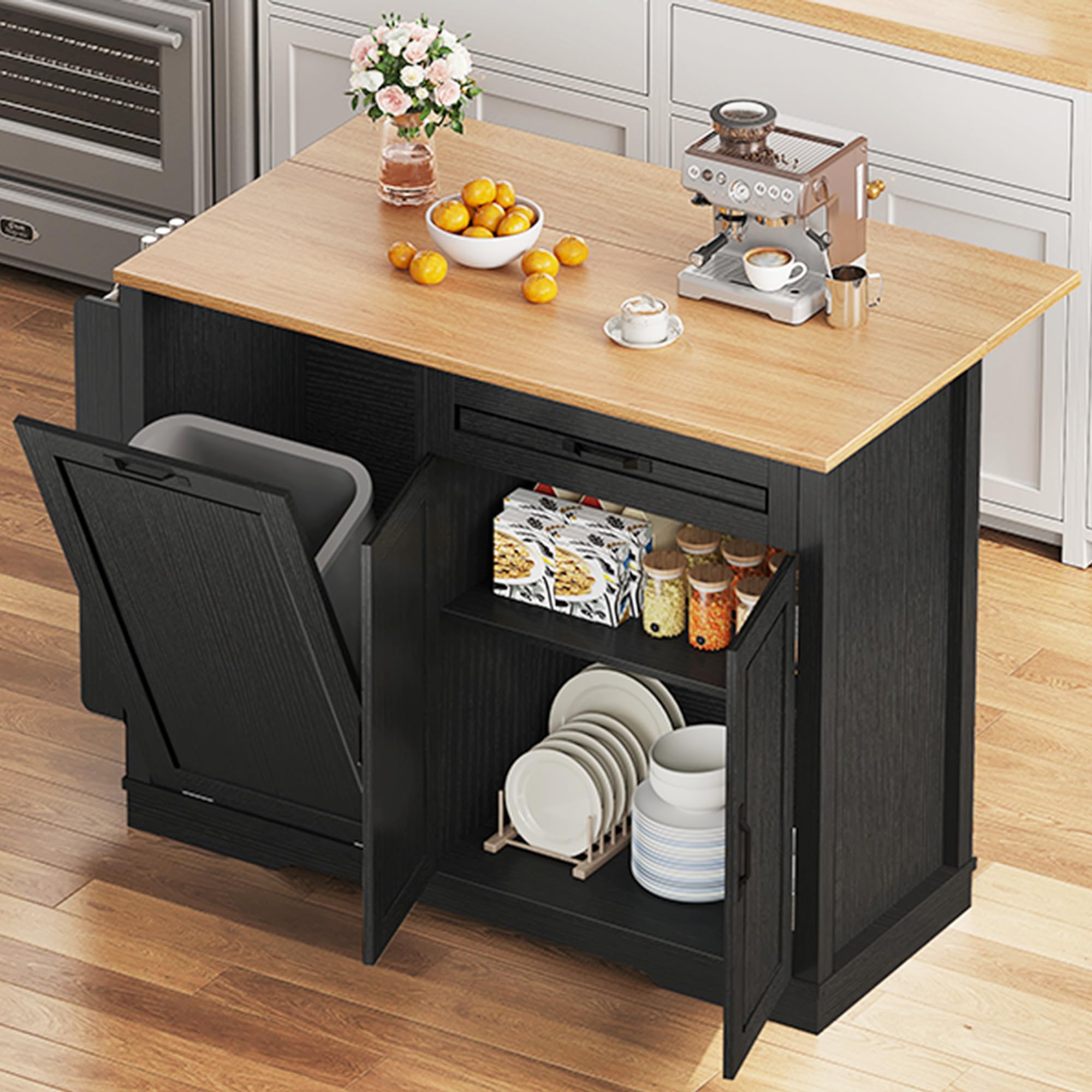 Photo 1 of **MINOR DAMAGE TO BOTTOM FRONT FACE PIECE**DWVO Tilt-Out Kitchen Trash Cans Cabinet, 50 Inch Rolling Kitchen Island with Drop Leaf, Portable Mobile Storage Island, Hidden Waste Bins Cabinet for 13 Gallon Garbage Bin, Black