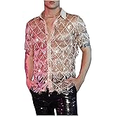 WDIRARA Men's Sequin Decor Fringe Button Front Shirts Short Sleeve Sheer Party T Shirt
