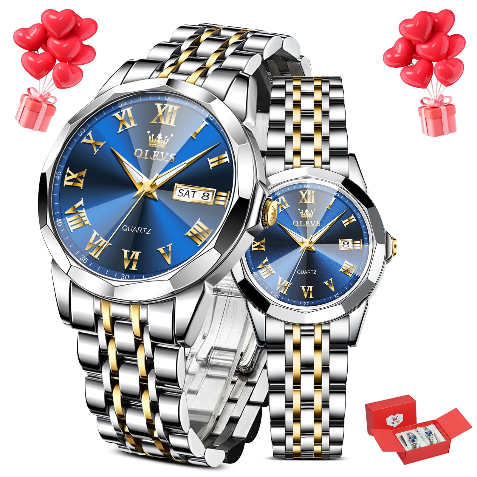 OLEVS Couple Watches Men and Women Silver Gold Two Tone Stainless Steel His and Hers Watches Set Waterproof Dainty Dress Analog Quartz Matching Wrist Watches for Couples Silver Blue Grey Dail