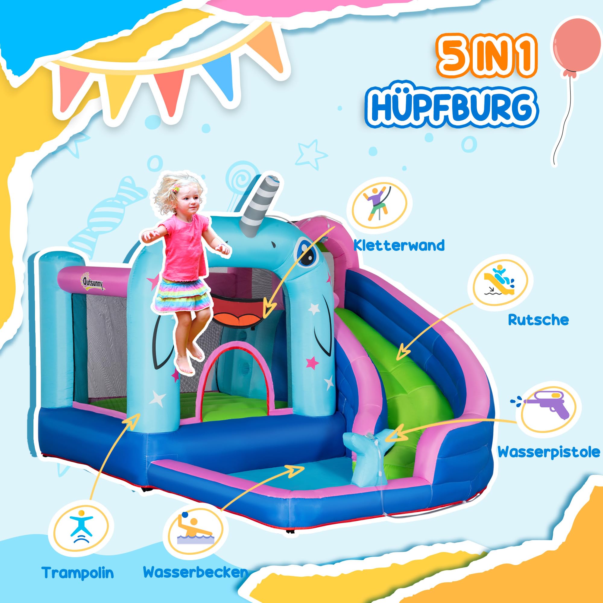 Outsunny Aufblasbare Hüpfburg mit Gebläse, Wasserspielcenter inkl. Sicherheitsnetz, Wasserrutsche, Spielburg Wasserpark für Kinder 3 bis 8 Jahre, 330 x 280 x 200cm 3