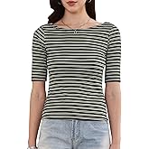 Allegra K Striped T-Shirt for Women Boat Neck Half Sleeve Tops Slim Fit Casual Trendy Outfits