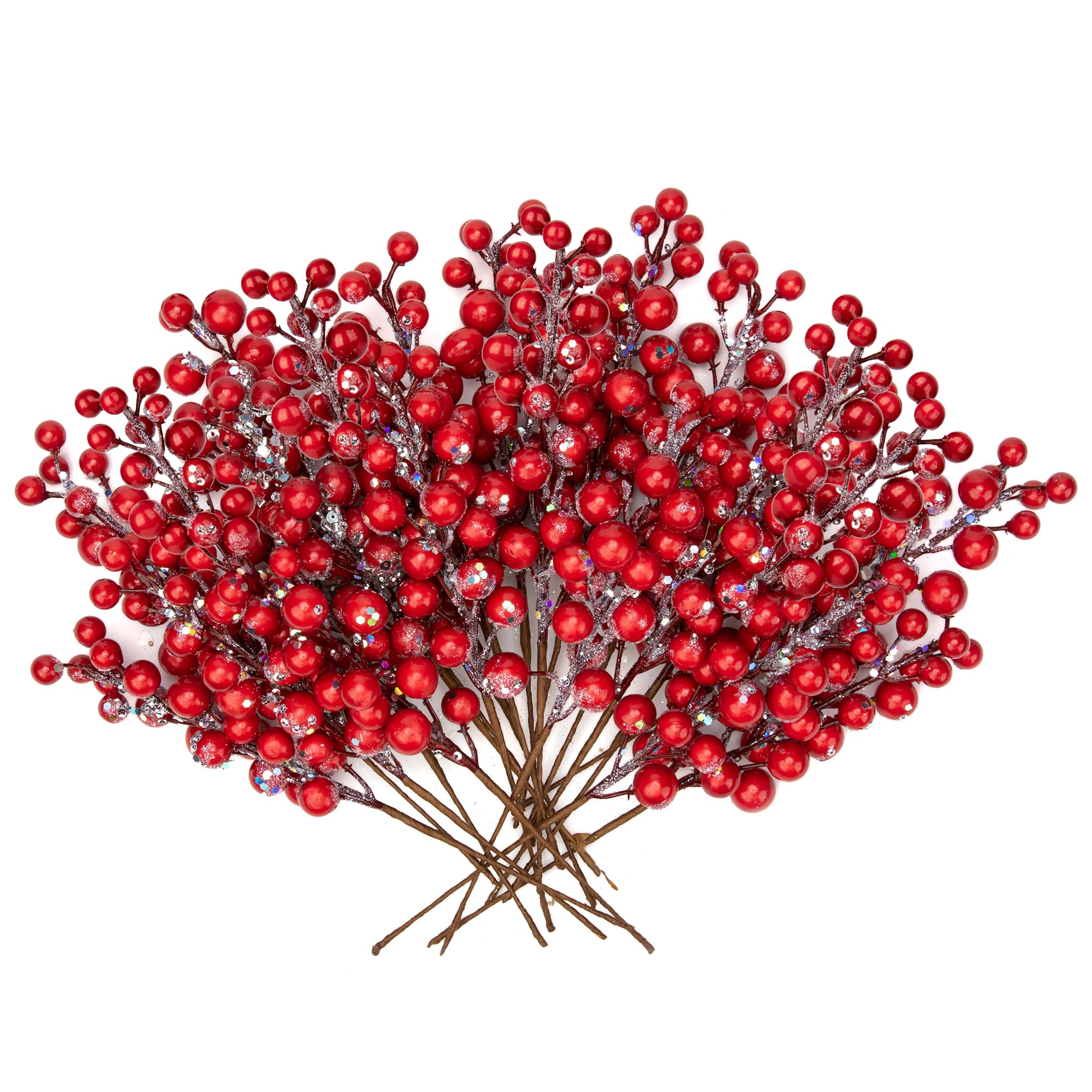 Oairse 20pcs Christmas Berry Stem Glitter Artificial Berries Picks Artificial Fruits Picks Red Berry Branches for Christmas Tree Decorations Floral Arrangement Bouquet Filler for Home Wedding