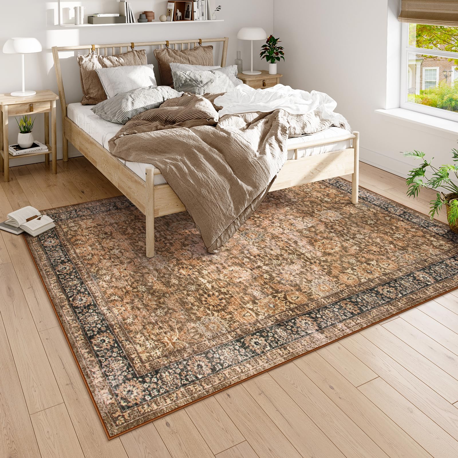 Photo 1 of Morebes Washable 6x9 Area Rugs,Vintage Large Area Rug Non Slip,Ultra-Thin Boho Rug for Dining Room Table,Distressed Soft Throw Carpet for Bedroom Office Living Room, Dark Brown