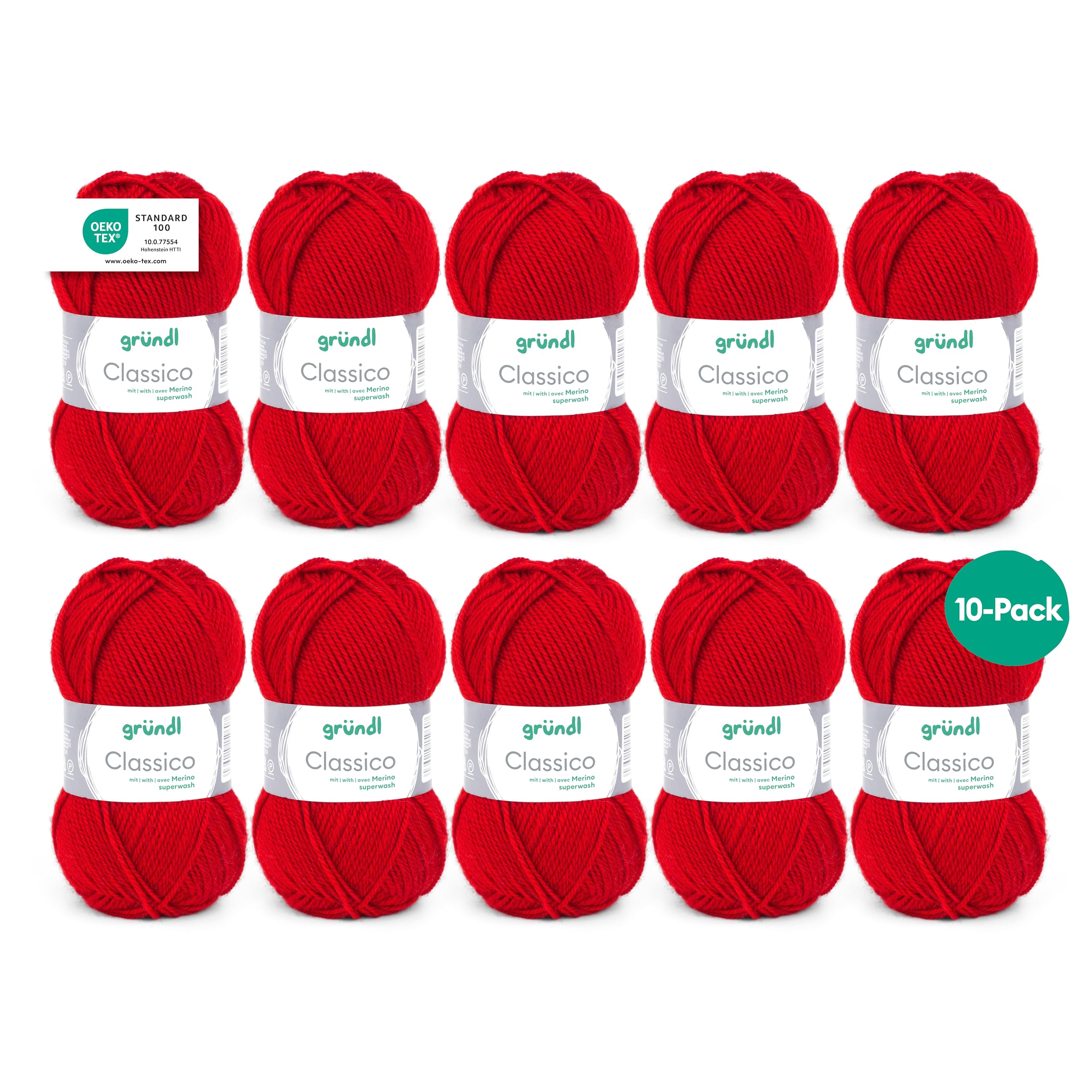 Gründl Classico Wolle (Oeko-TEX® Certified Knitting/Crochet Yarn Made of 50% Pure New Wool (Merino Superwash) & 50% polyacrylic, 50 g/120 m, Needle Size: 3.5-4.5, 10 Balls á 50 g), Red
