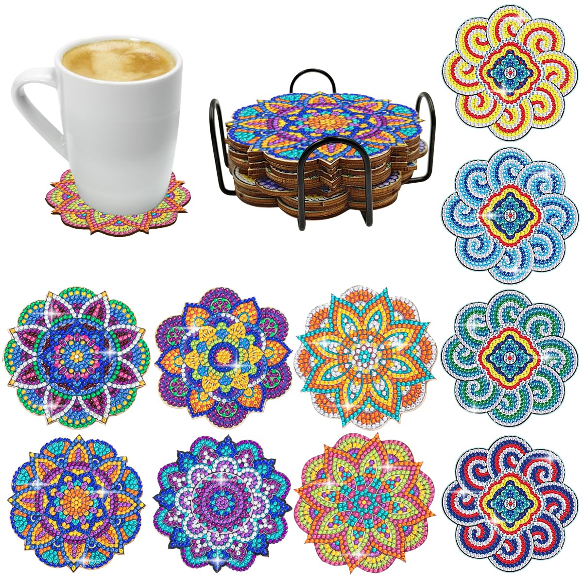 AFUNTA Mandala Diamond Art Coasters Kit with Holder - 10 PCS
