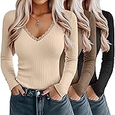 Velvelhall 3 Pack Women's Cotton Long Sleeve Shirts, Ribbed Knit Deep V Neck T-Shirts Lace Sexy Tight Tees Slim Fit Tops