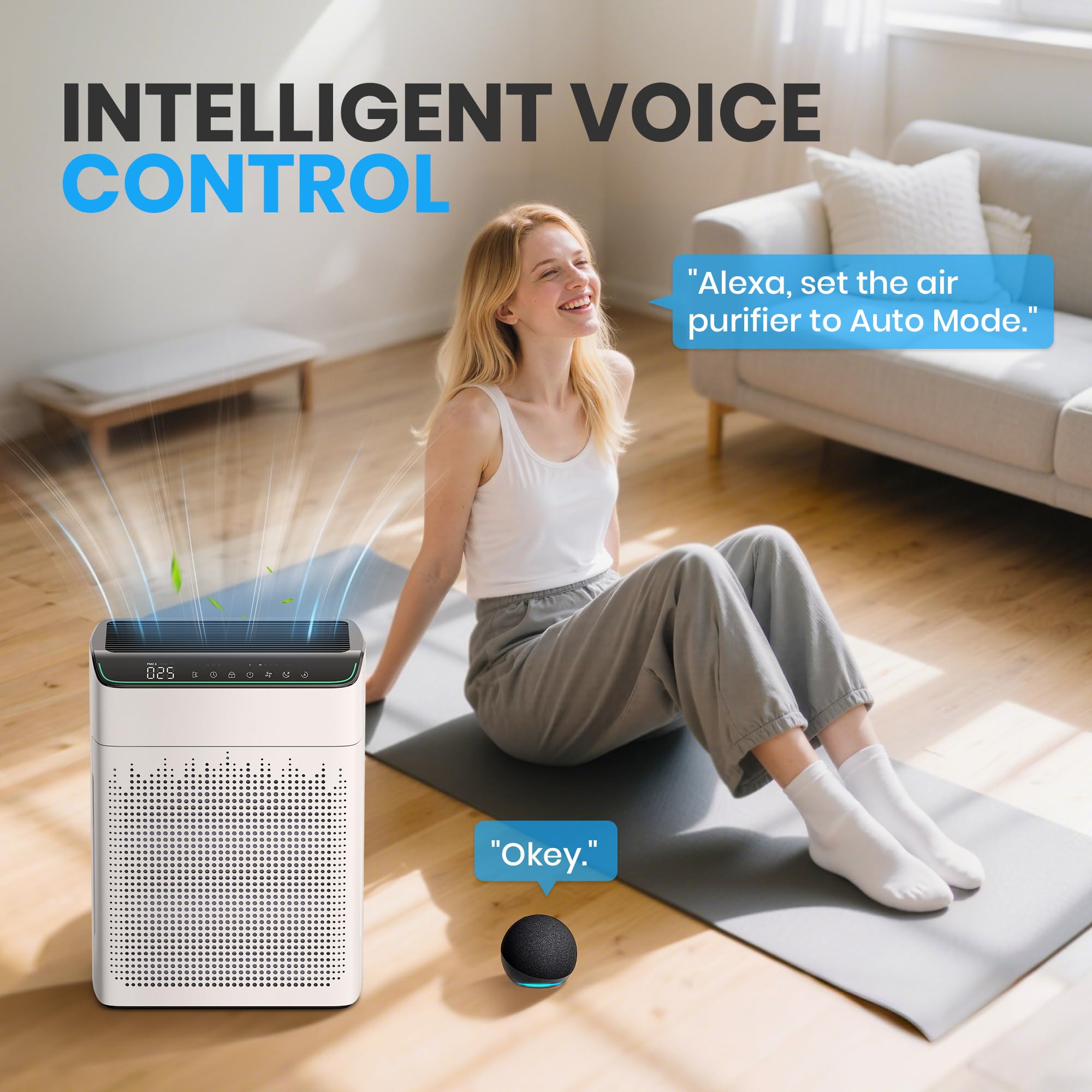 FLANUR Air Purifiers for Home Large Room Up to 1690 ft² Double-sided Air Inlet Smart WiFi Alexa Compatible PM 2.5 Air Quality Monitor for Smoke and Odor 23dB Quiet 1 Pack+2 Pack HEPA Filters White