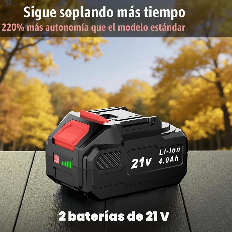 Soplador de Hojas 21V, Soplador Bateria con 2 Baterías de 4.0Ah, 3 Ajustes de Velocidad, 2 Tubos de Soplado, Correa para el Hombro para Soplar Hojas, Nieve, Polvo y Residuos, Rojo