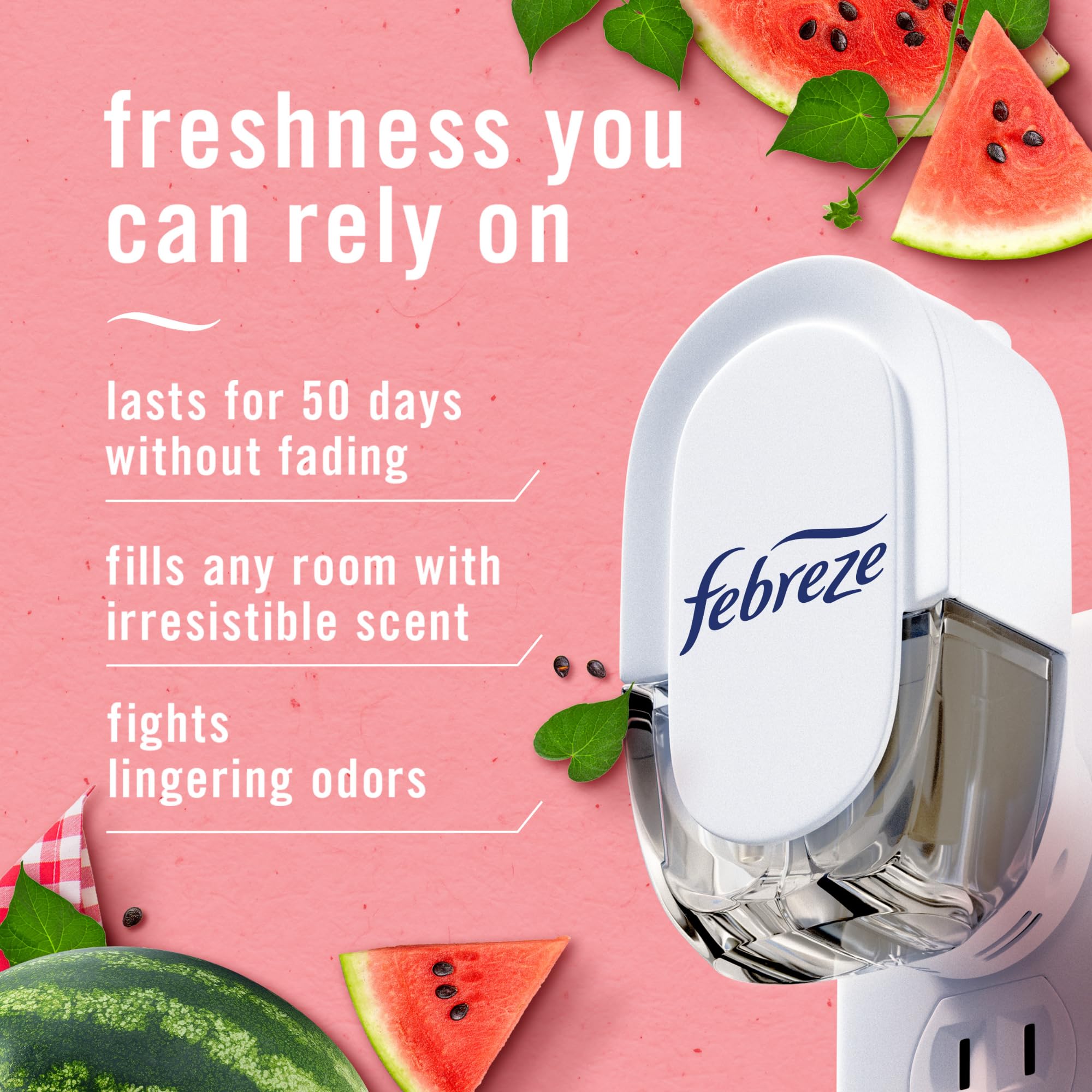 Febreze Odor-Fighting Fade Defy PLUG Air Freshener, Southern Lilac Mornings, Sweet Watermelon Vine, Pack of 4 (2 of Each), .79 fl. oz. Oil Refill