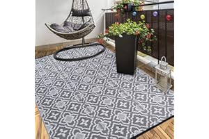 Alfolo Outdoor Plastic Straw Rug 4x6 Outdoor Rug Waterproof Outdoor Balcony Rug, Backyard, Front Porch, Patio Mat Apartment Patio Decor, Grey& White Rv Camping Mat Outside Mat