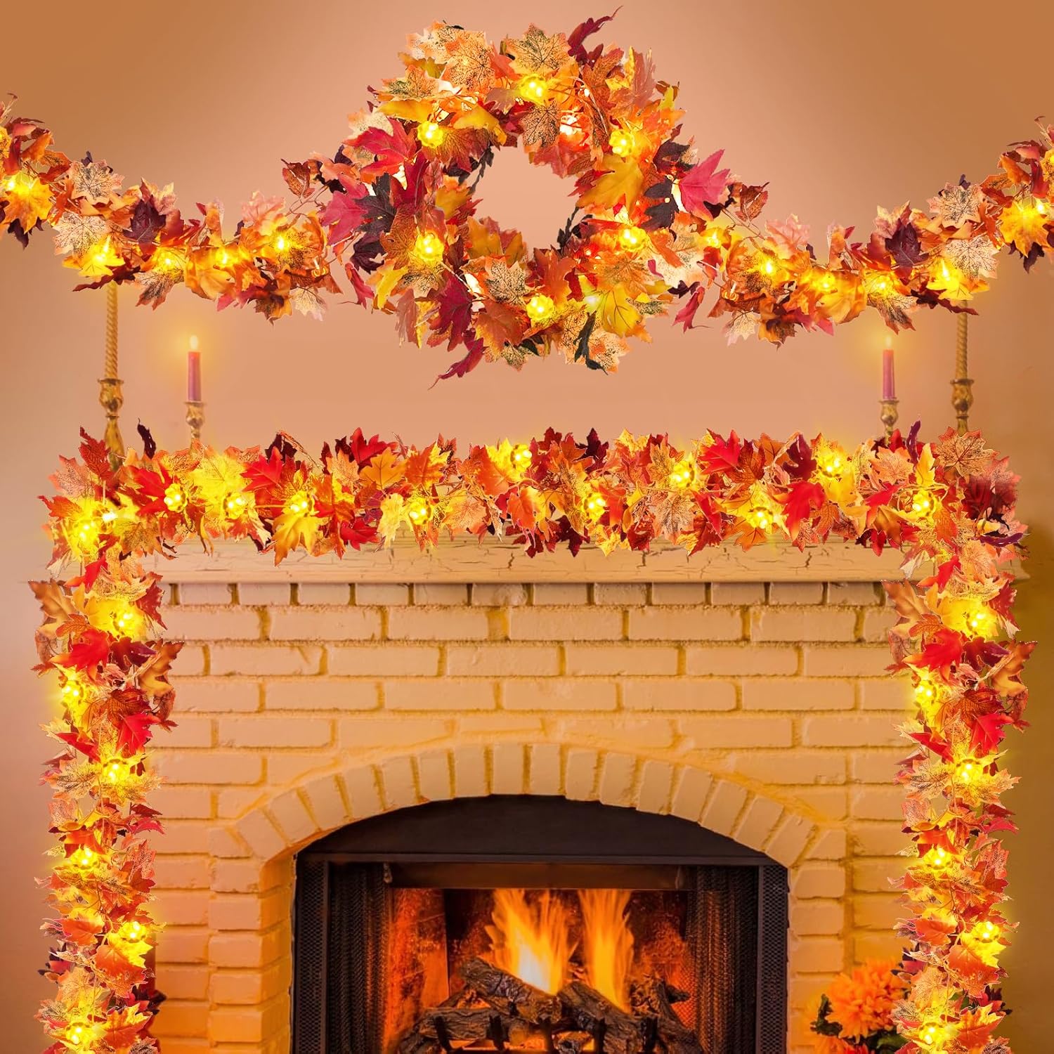Wreaths, Garlands & Swags - NAHUAA 4pcs Fall Garland Fall Maple Leaf Vines with Pumpkin String Lights Fall Decorations for Home Fireplace Front Door Kitchen Thanksgiving Festival Decoration(5.7ft/Piece)