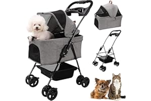 LIAAKRR Dog Stroller Foldable Detachable Cat Stroller Dog Strollers for Small Dogs 4 Wheels Rotate 360 Degrees with Brakes, with Storage Basket and Cup Holder, Suitable for Small and Medium-Sized Cats, Dogs