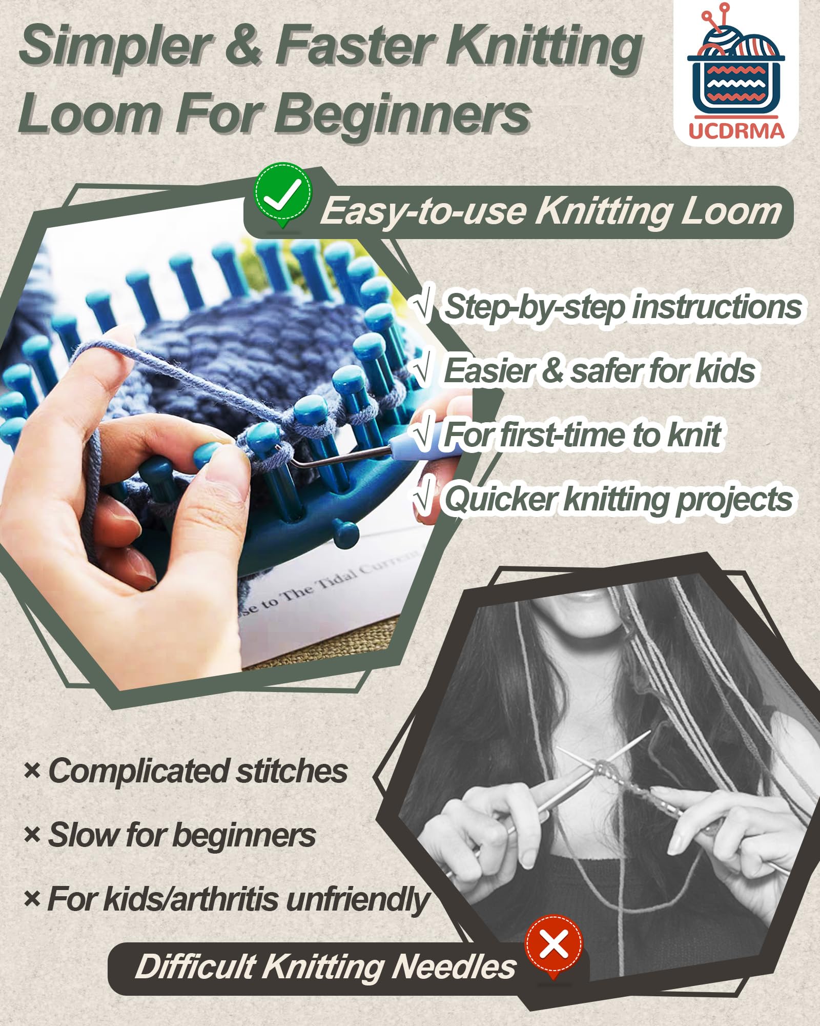 UCDRMA Loom Knitting Kit with Yarn, 23PCS Round Knitting Loom Kit for Beginners Including Instructions and Pom Pom Maker, Easy & Quick Hat Knitting Loom Set/Scarf Loom Knitting Set for Family