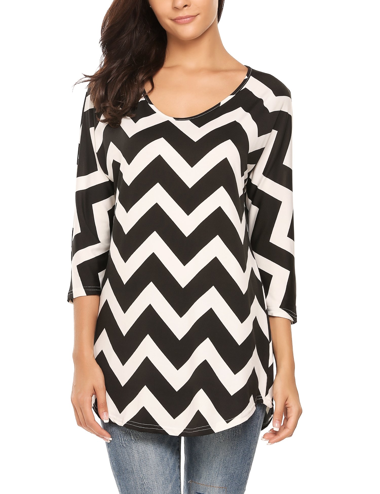 Zeagoo Women Casual Round Neck 3 4 Sleeve Chevron Print Tunic Top Black M