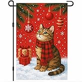 BlissYard Christmas Garden Flag 12x18 Inch Welcome Tabby Cat Outdoor Flag Double Sided Holiday Yard Banner with Red Plaid Scarf Snowflakes and Gifts for Porch Lawn Patio