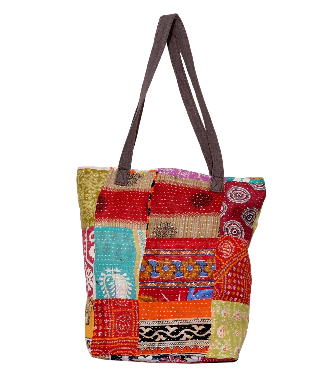 indiweavaes womens cotton kantha work canvas handle handmade tote bag, vintage top handle shoulder bag-multicolor