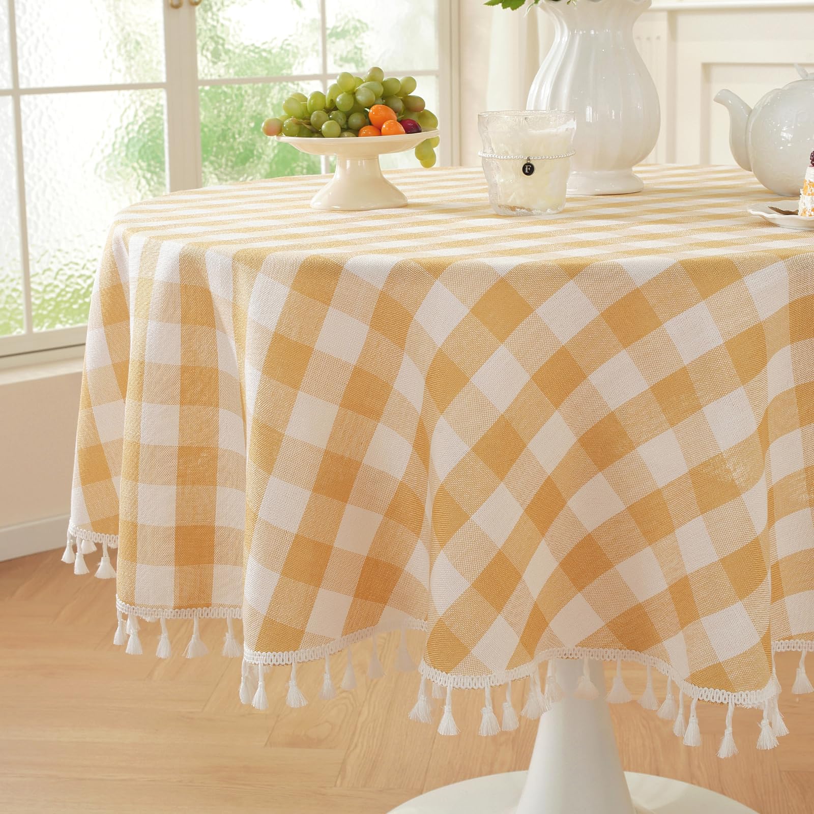 Photo 1 of Laolitou Yellow Checkered Round Tablecloth Washable Buffalo Plaid Table Cloth with Tassel Cotton Linen Gingham Table Cover for Spring Picnic, Yellow, Round, 60", 2-4 Seats