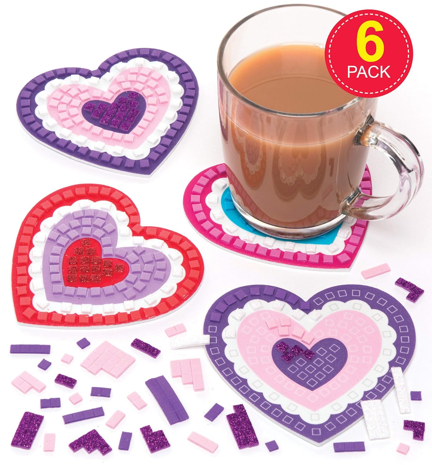 Baker Ross AW109 Mosaic Heart Coaster Kits (Pack of 6) For Kids to Make and Gift For Mothers Day/Valentines Day - Image 3