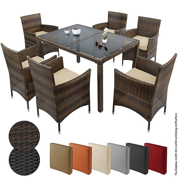 BB Sport 13-teilige Polyrattan Essgruppe für 6 Personen inkl. Auflagen und Bezüge, Farbe:Schwarz-Braun meliert/Sandstrand