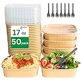 ganfaner 17oz Disposable Paper Bowl with Lid, Kraft Meal Prep Container Box [with 50 Sporks], To Go Square Paper Containers Oil-Proof, Compostable Salad Soup Bowls Perfect for Food Takeout