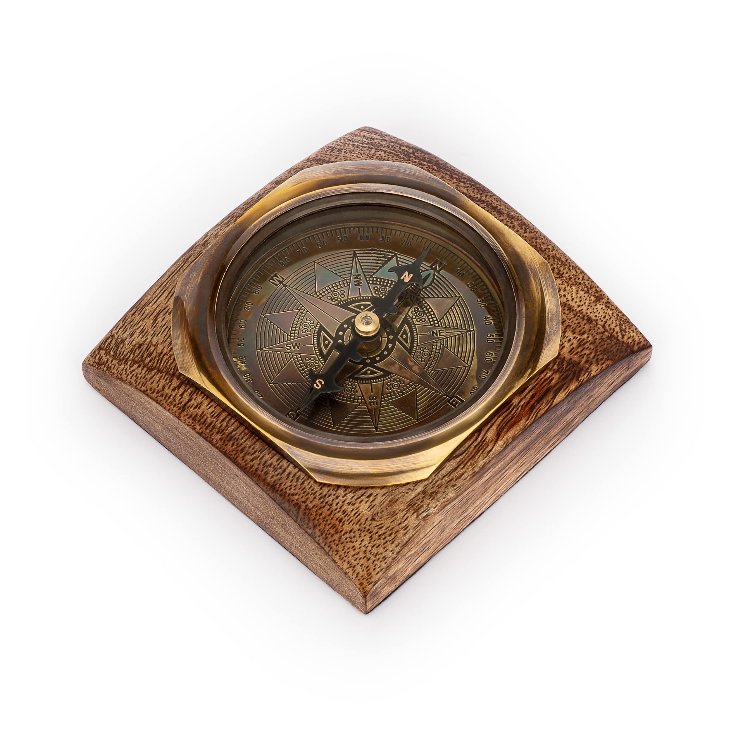 NKlaus 11668 Nautical Antique Brass Compass on Wooden Base 9 x 9 cm Antiques Direction Indicator