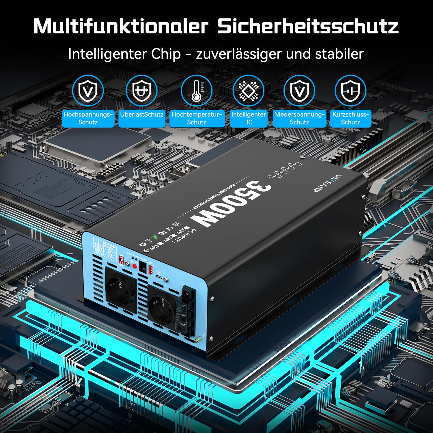 OLTEANP 3500W/7000W Wechselrichter 12V auf 230V Reiner Sinus Spannungswandler Power Inverter mit 2 AC Steckdosen,Type-C&USB Anschlüsse,LCD-Bildschirm-Fernbedienung,Für Wohnmobil Wohnwagen 2