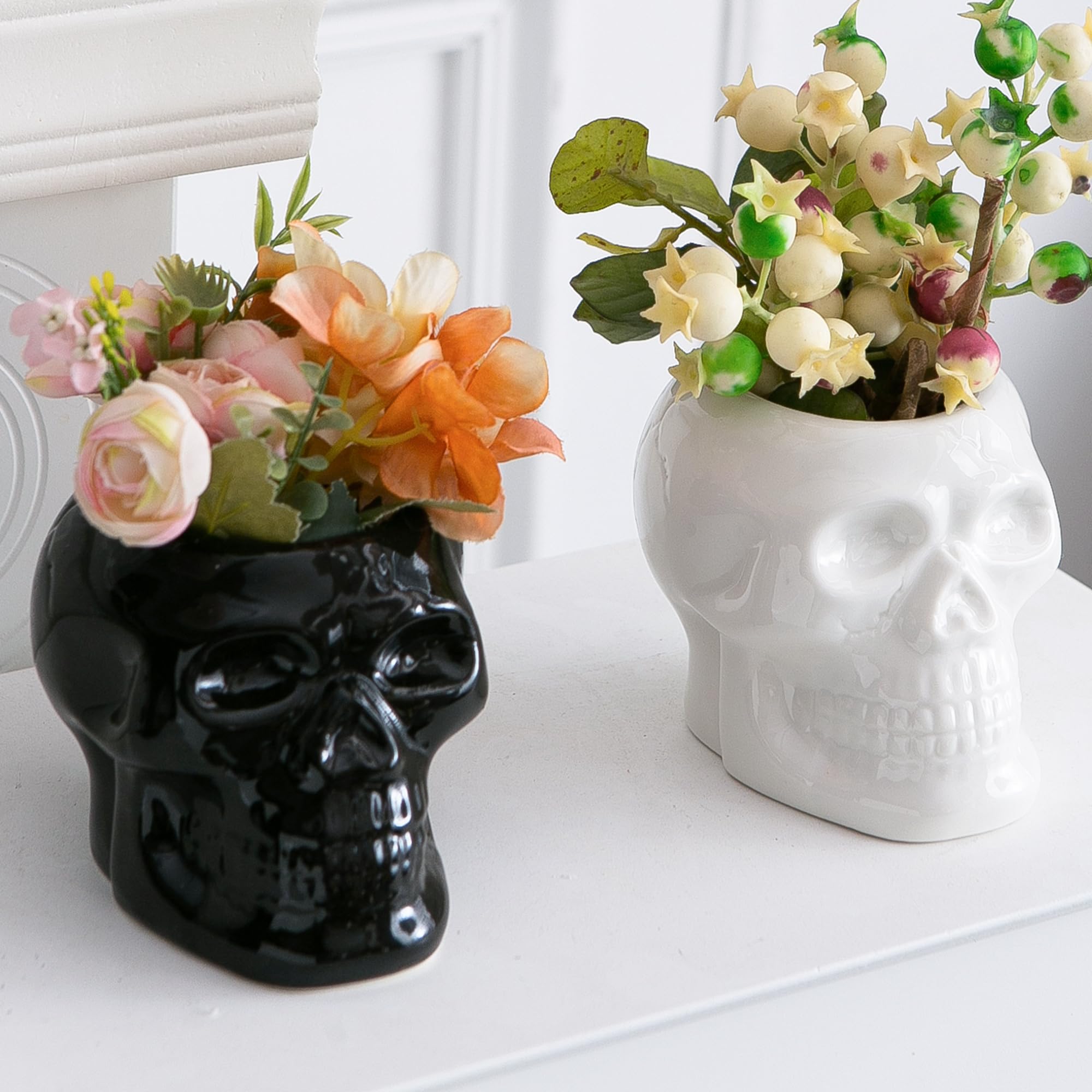 Photo 1 of Tanvecle 2 Pcs Skull Planter Pots, Skeleton Vase/Bowl for Flowers, Succulent, Cactus and Candy, for Gothic Home Office Desk, Halloween and Day of The Dead Decorations - White and Black