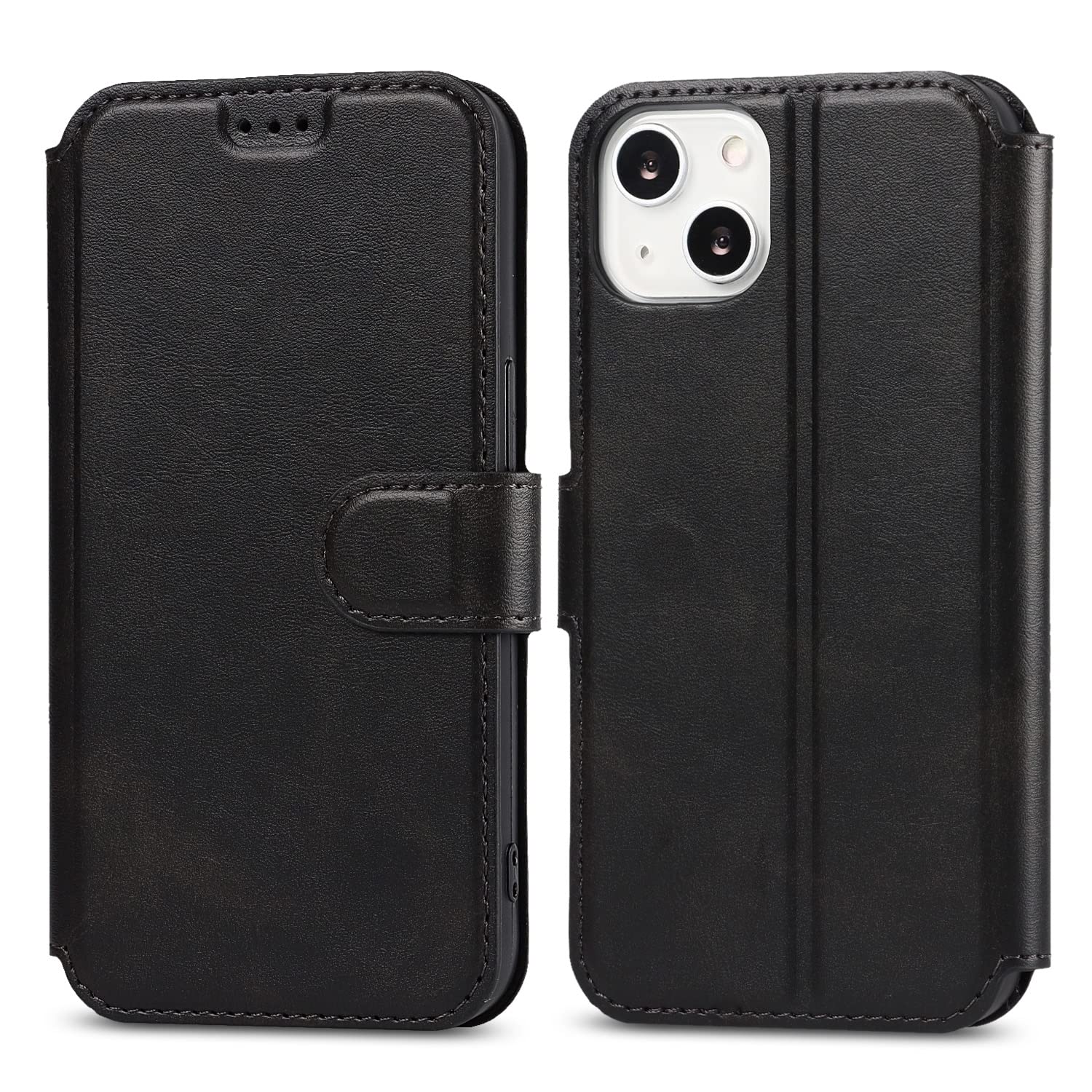 QLTYPRI Case for iPhone 14, Premium PU Leather Simple Wallet Case with Card Slots Kickstand Magnetic Closure Shockproof Flip Cover for iPhone 14 - Black