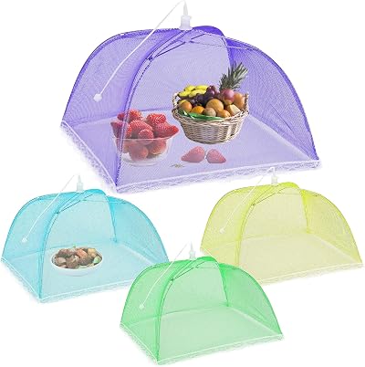 AKOFIC 4 Pack 17in Pop Up Mesh Food Covers Tent Umbrella Yellow Green Blue