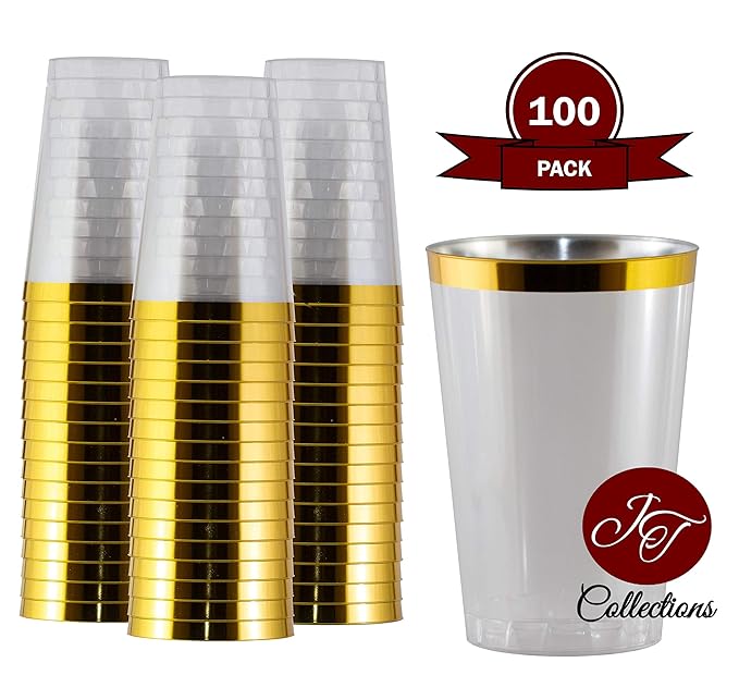 100 Gold Plastic Cups 12 oz Gold Rim Disposable Cups Elegant Fancy