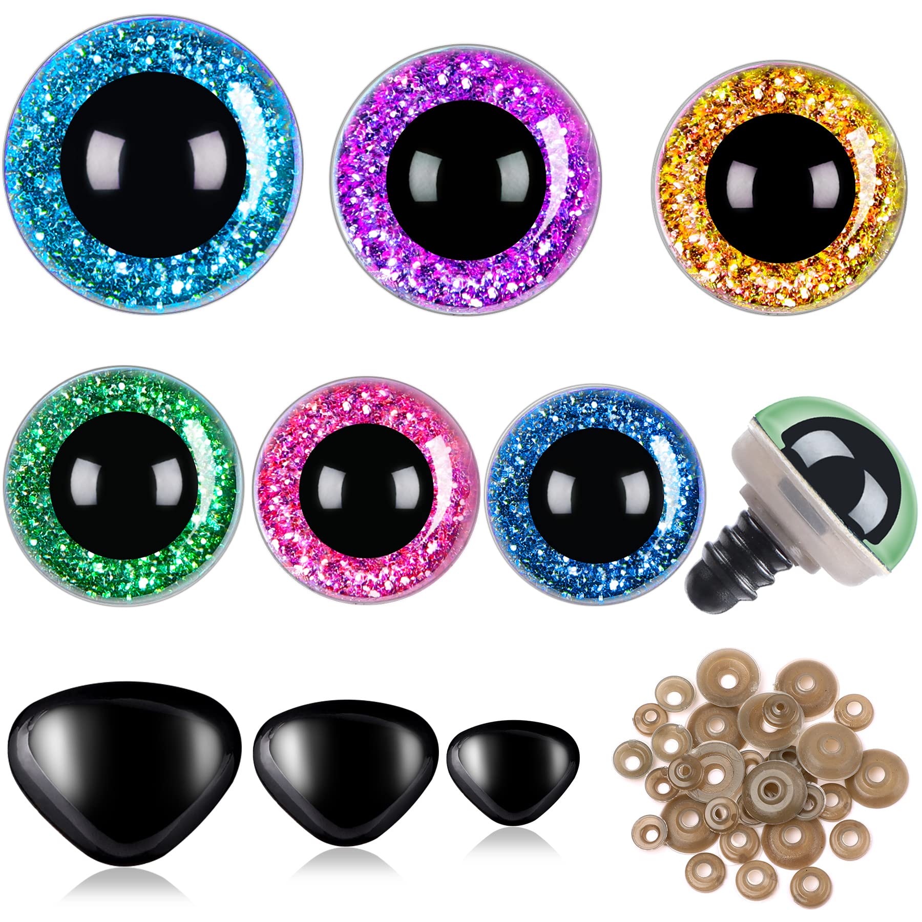 SANNIX Pack of 90 12-30 mm Safety Eyes and Safety Noses, Large Safety Eyes for Crochet Animals, Colourful Plastic Button Sew-On Eyes with Washers for Dolls, Plush Toys, Teddy Eyes