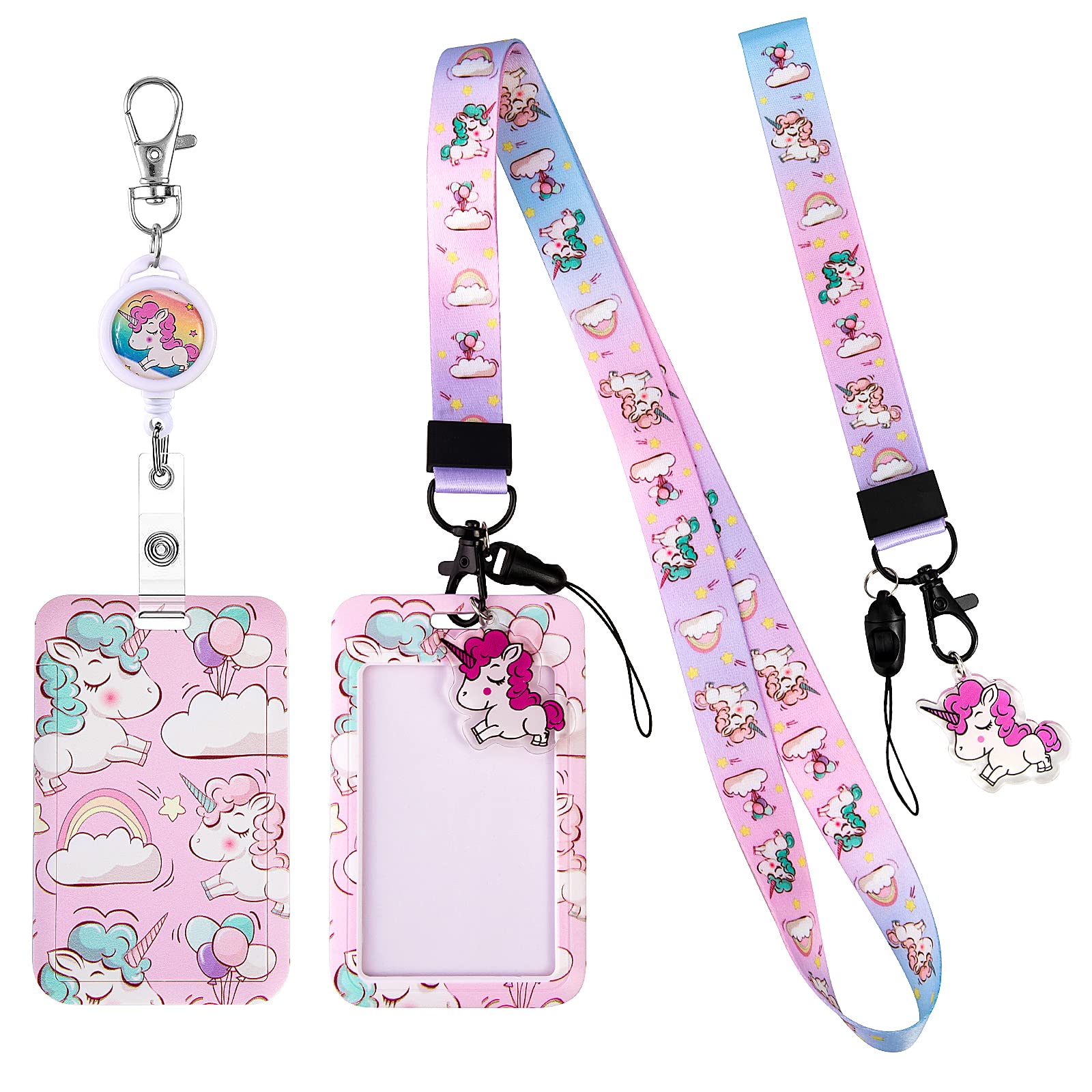 HIFOT Unicorn Kids Lanyard with Id Holder, Detachable Wrist Lanyard for Keys, Retractable Badge Holder with Metal Lobster Clasp Used for Student, Nurse, Teacher ID Holder