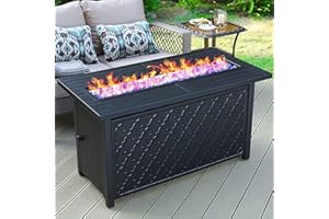 MFSTUDIO 45” Outdoor Rectangular Gas Fire Pit Table，50000 BTU Propane Iron Plate Embossing Fire Table with Lid and Blue Glass for Patio,Backyard and Balcony,Black