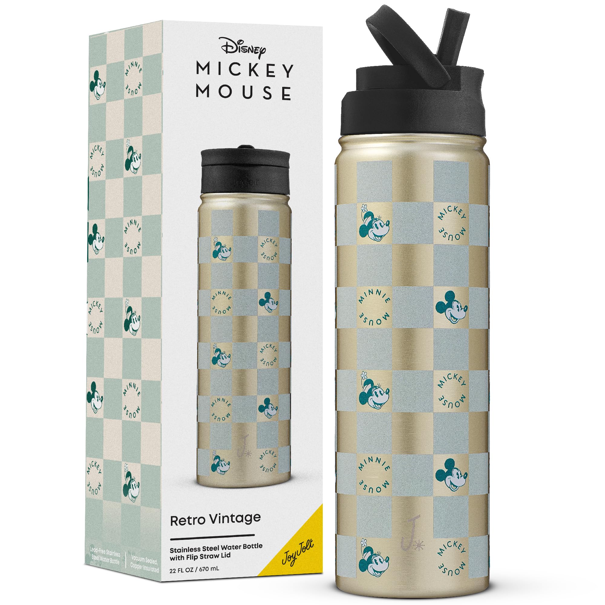 Photo 1 of JoyJolt Disney Retro Vintage Stainless Steel Water Bottle ft Mickey & Minnie Mouse, Reusable 22oz Vacuum Insulated Water Bottle Tumbler with Leak Proof Flip Straw Lid and Handle, Lead & BPA Free