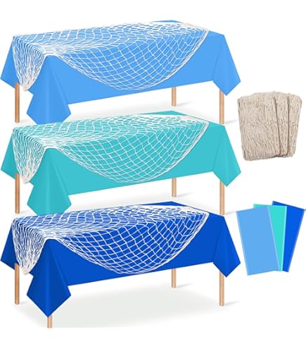 YIDAKO 3 Set 6 Pcs Fish Net and Tablecloth Set,Cotton Fishnet and 3 Color Disposable Plastic Table Cover for Mermaid,Baby Shower,Birthday,Ocean Pirate Under The Sea Party Decorations,54 X 108Inch : Home