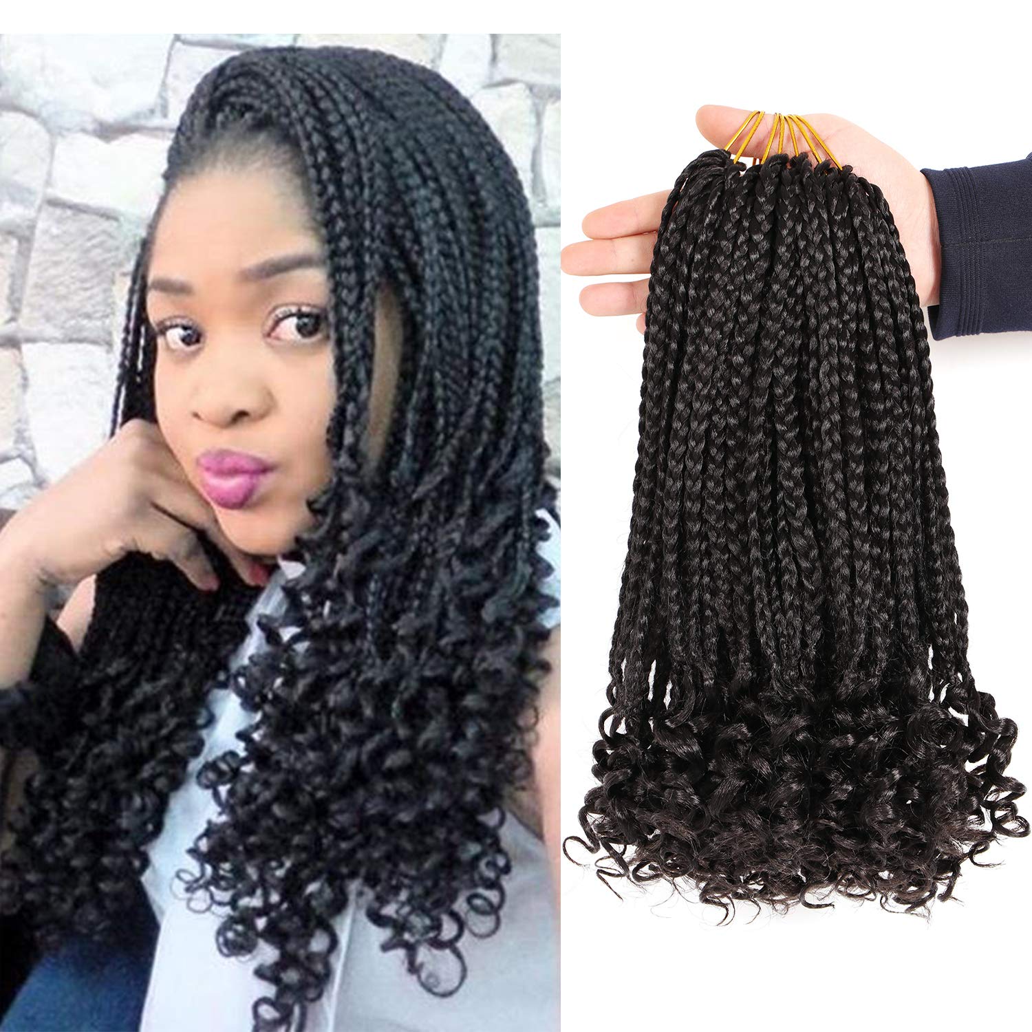 7 Packs/Lot Goddess Box Braids with Curly Ends - Wavy Crochet Braids Hair Extensions for Black Women (14 Inch #1B)