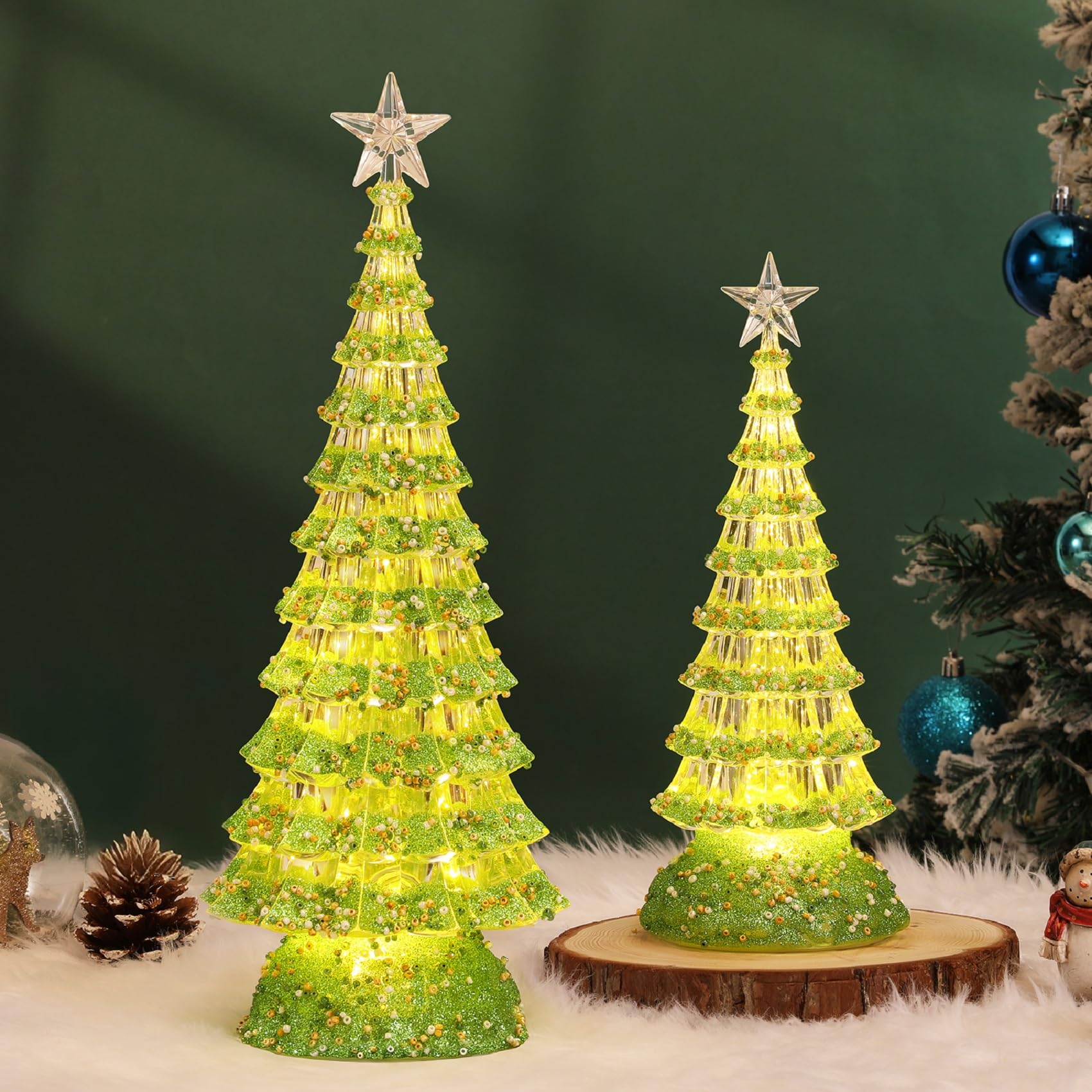 Photo 1 of **ONE STAR BROKE OFF**Lewondr Christmas Tree Tabletop Decorations Lamps, 2 Pack Snow Cone Trees with Lights (13" & 10"), Warm White LED Battery-Powered Xmas Decor for Fireplace, Bedside, Dining Table, Living Room, Green