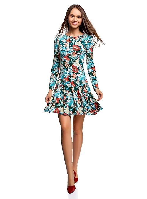 oodji Ultra Damen Jersey-Kleid mit Ausgestelltem Rock
