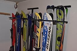 QLS Skihalterung Für 2 Paare + Stöcke - Platzsparende Wandhalterung Mit Gummischutz