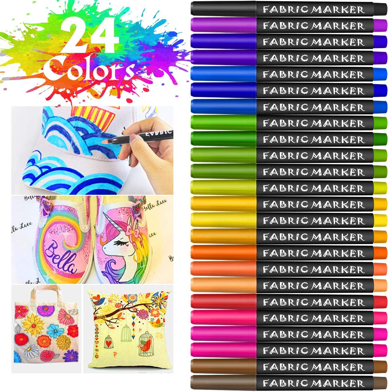 Gifort Textilmalstifte, 24 Farben Stoffmalstifte Waschfest, Nicht Giftige Permanent Textilmarker für Bastelgeschenke, DIY T-Shirts, Jeans, Schuhe, Taschen