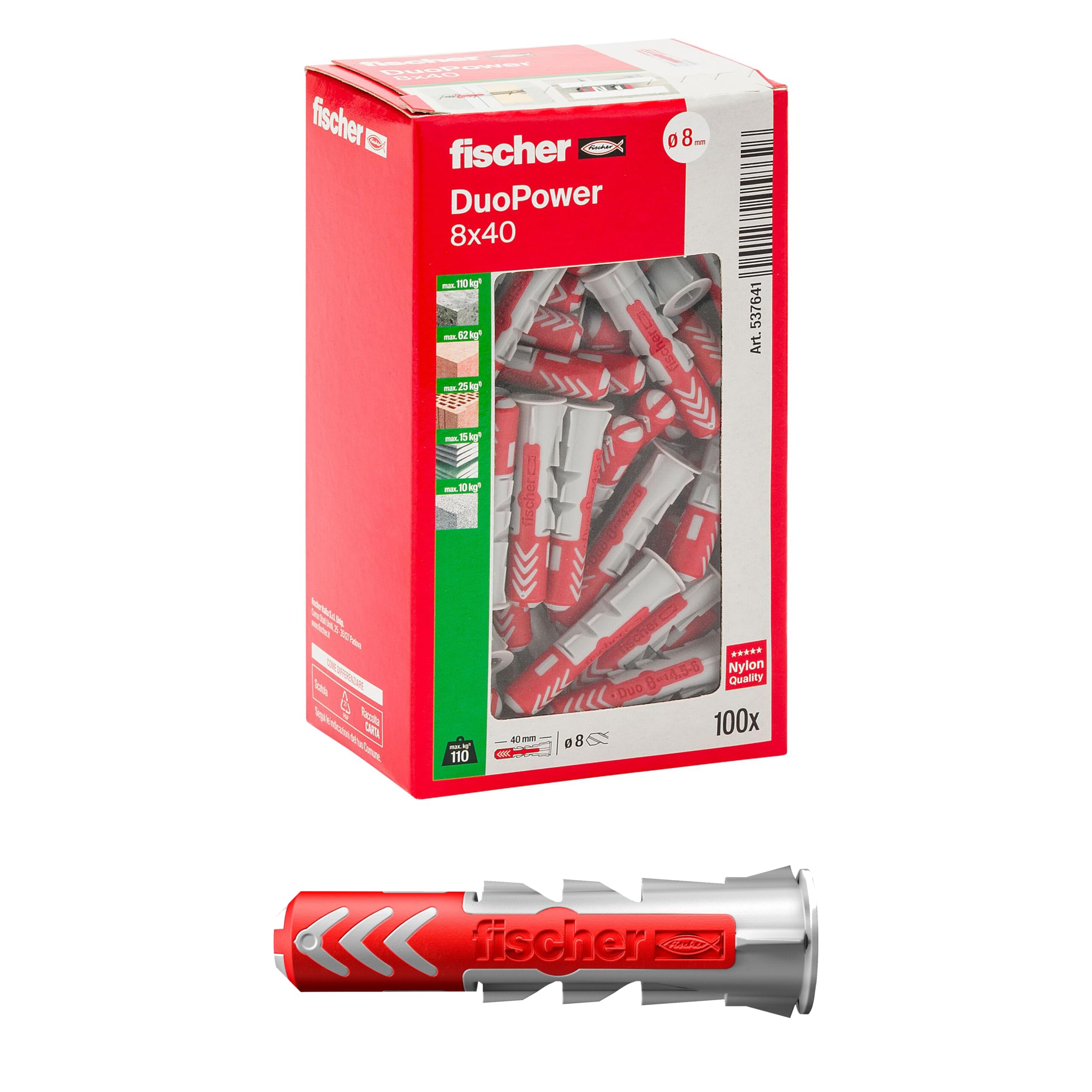 Fischer 100 x DuoPower Dowels 8 x 40 mm for Solid Wall, Perforated Brick, Plasterboard, 537641
