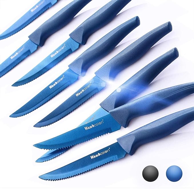 Wanbasion Blue 8Piece Steak Knife Set Dishwasher Safe, Steak Knife Set