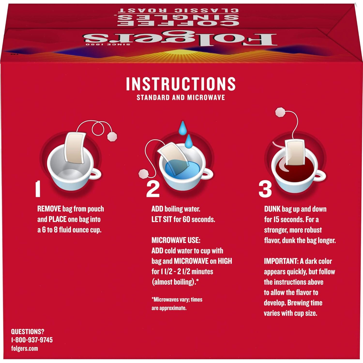 Folgers Coffee Singles Classic Roast Medium Roast Coffee, 19 Single Serve Coffee Bags : Grocery & Gourmet Food