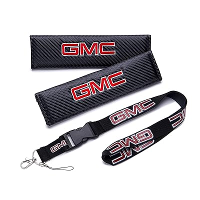 QZS New 1pcs Car Keychain Lanyard Badge Holder + 2pcs Set Carbon Fiber Car Seat Belt Shoulders Pad Cover Fit for Cars (GMC)