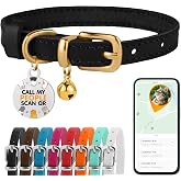 Leather Cat Collar, Removable Bells, QR Tag (7-9", Black &amp; Gold) | Removable Bells, Non-Breakaway Collar, QR ID Tag, Adjustable Fit for Cats &amp; Kittens